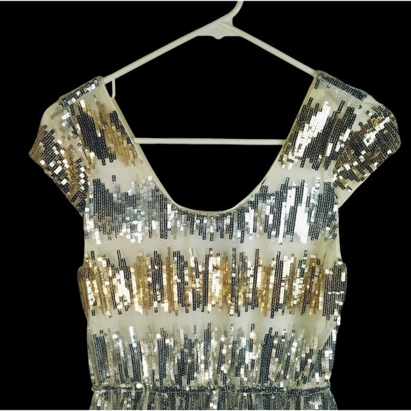 Silver Gold Sequin Festival Dress Size M Tulle Elastic Waist Cap Sleeve Whimsy - Picture 2 of 11